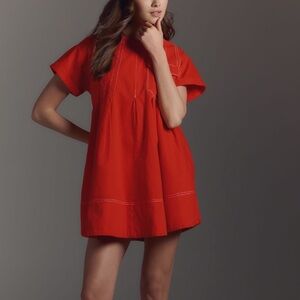 Anthropologie Red Short-Sleeve A-Line Mini Dress